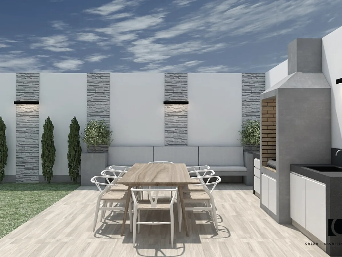 Render de terraza con parrilla y comedor exterior en San Borja