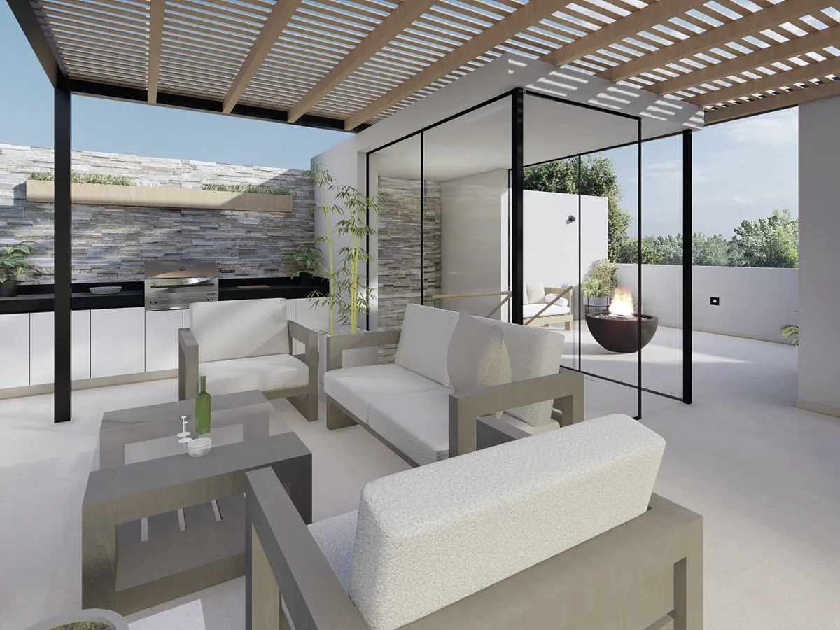 Render de terraza techada con pérgola y sala exterior