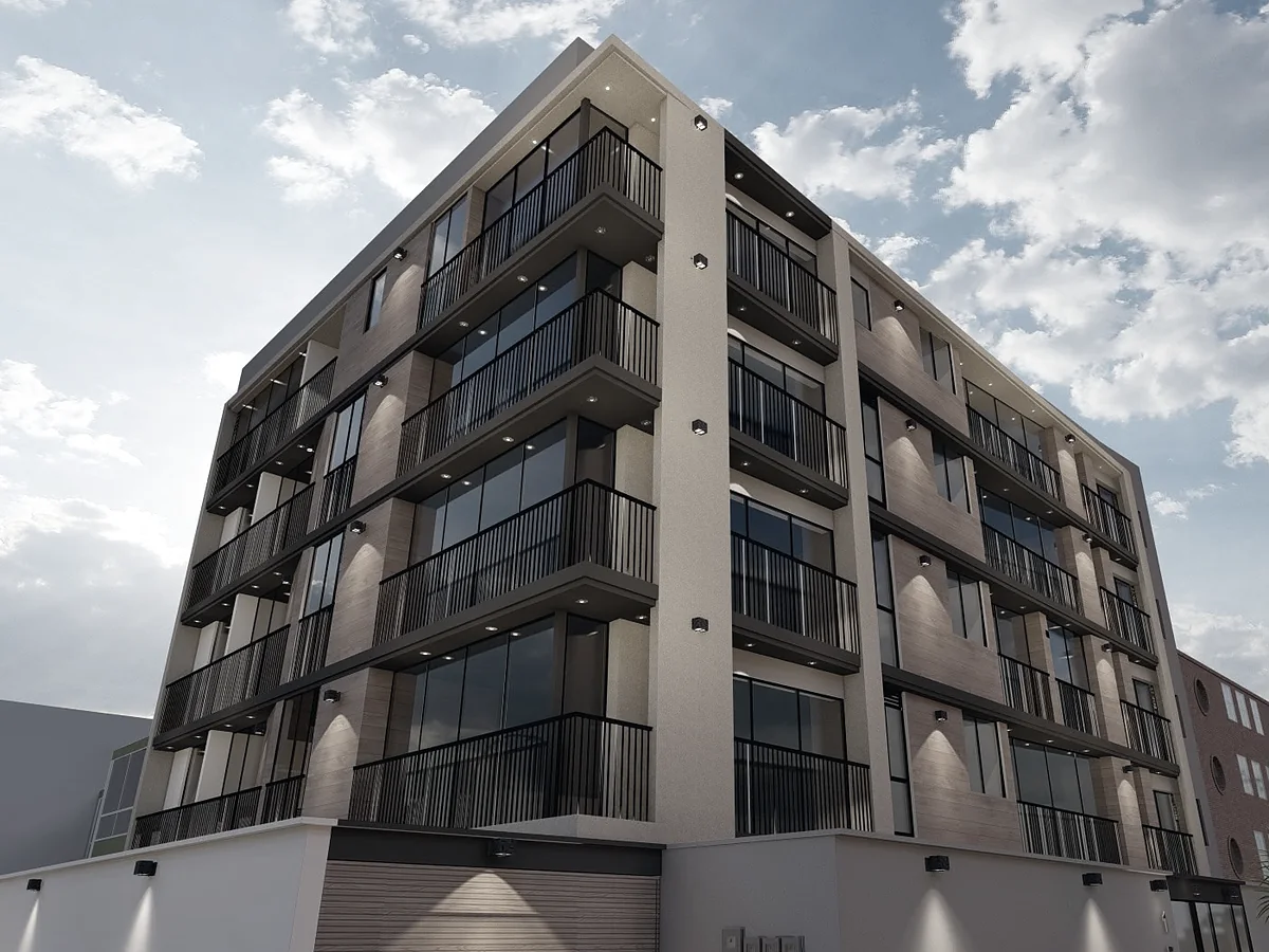 Render de edificio multifamiliar de departamentos con balcones